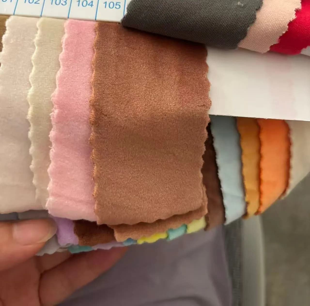 Plush fabric swatch card in pastel colourways