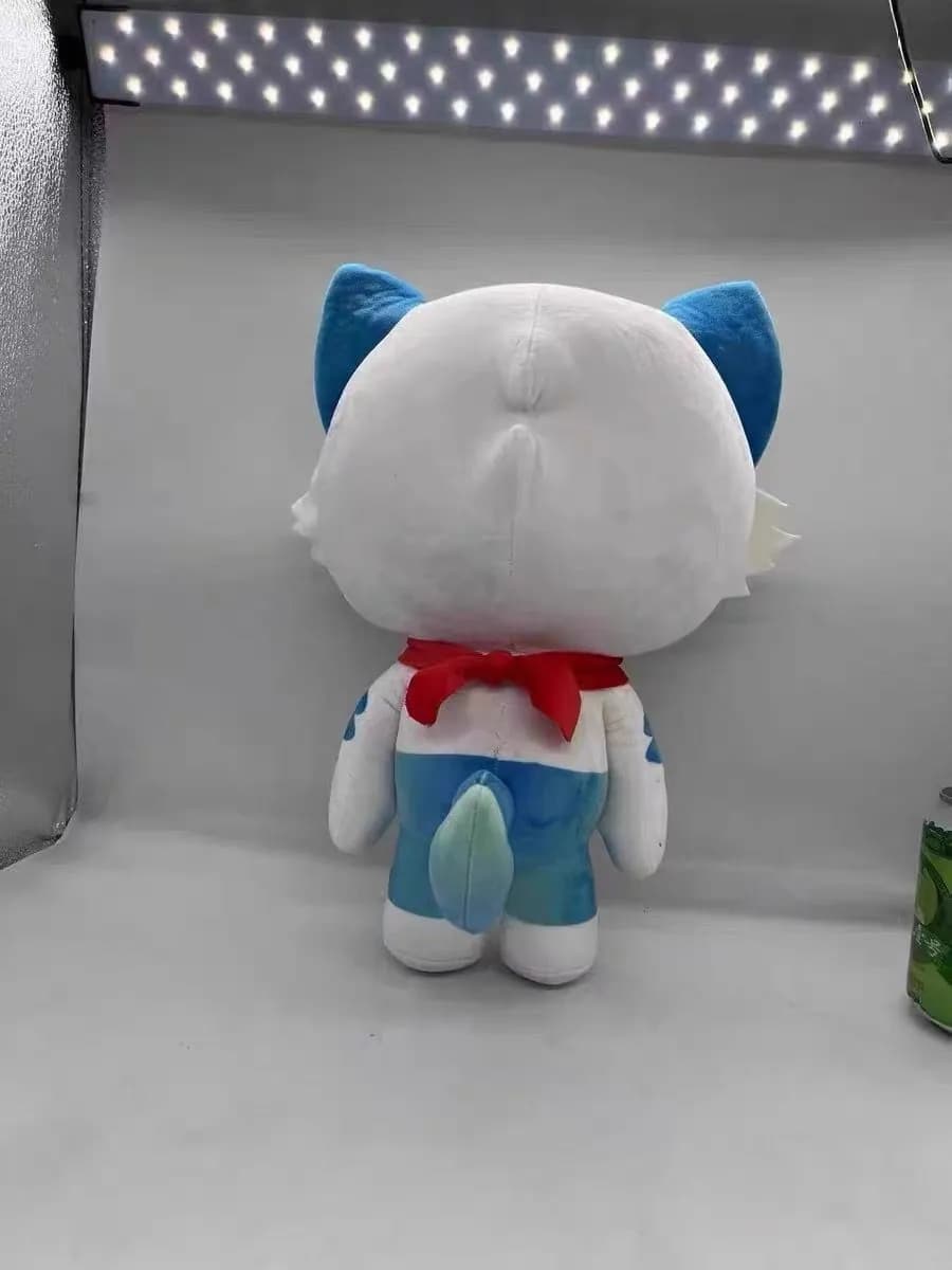 Blue cat character plush photographed from behind to show the back panels