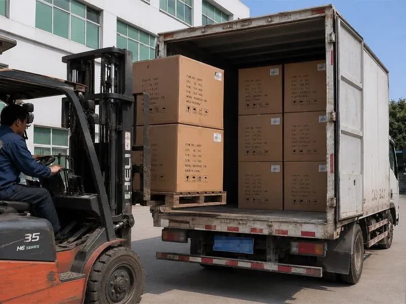 A pallet of plush cartons being loaded for shipment